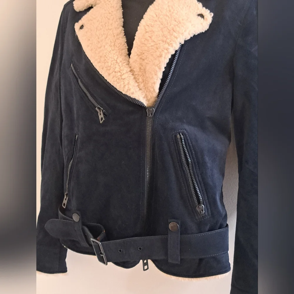 Coach Blue Suede Motorcyle Jacket with Cream Shearling  Collar Misses Size MED